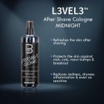 L3 Colonia en aerosol para después del afeitado Level 3 – Suaviza la piel – Refresca y alivia la cara y la piel – Polvo de peinado incluido (medianoche)